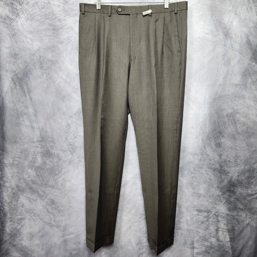 Lauren Ralph Lauren Wool Dress Pants Mens 36x32 Brown Micro Check Pleated Cuffed